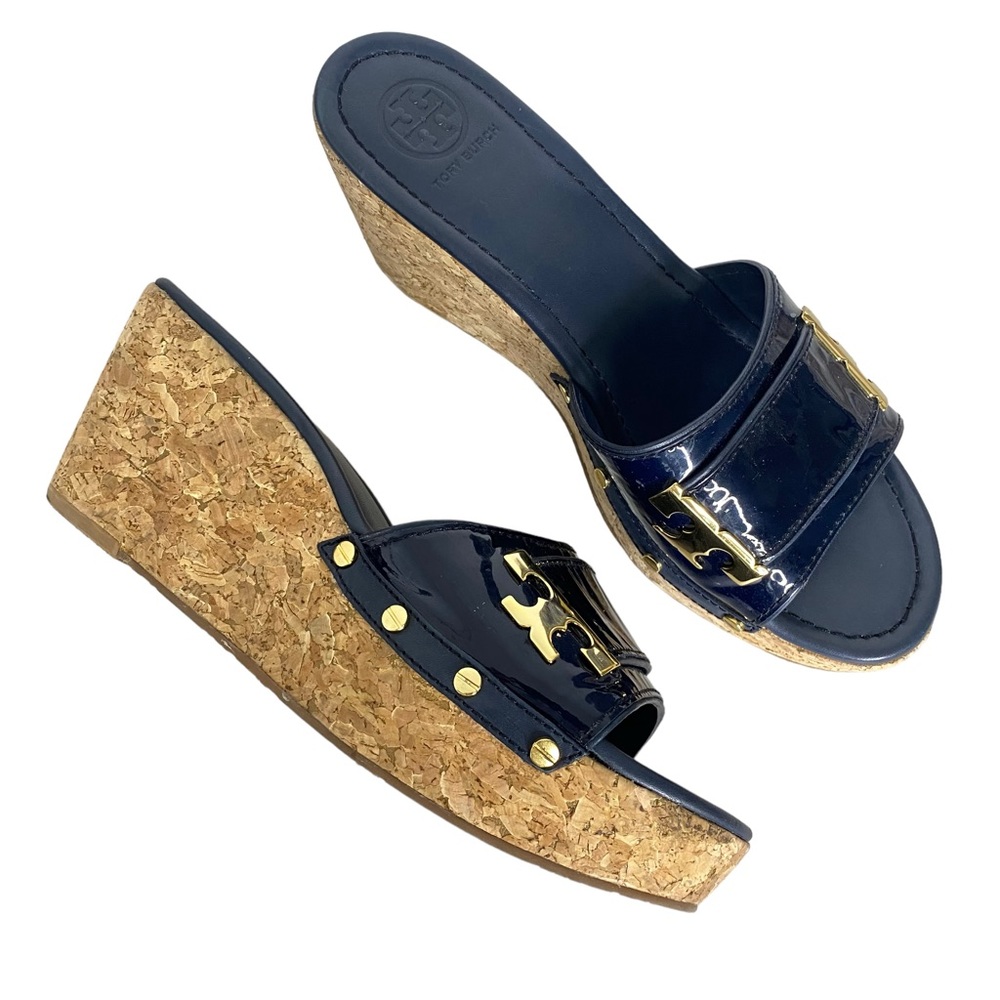 Tory Burch Pamela Cork Platform Wedges Navy Patent Leather